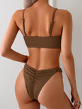 Front Knotted Metal Strap Ribbed Bikini Women Swimwear Female Swimsuit Two Pieces Bikini Set High Cut Bathing Suit Swim Beach