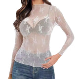 Women Mesh Bottoming Shirt See through O Neck Long Sleeve Lady Blouse Slim Fit Sexy Clear Sun Gauze Tops