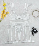 sexy lingerie embroidered see-through mesh bra with underwire four-piece set