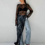 Woman Clothing 2026 O-neck Hollow Out High Slit Long Maxi Lace Dress Black Streetwear Ladies See-through Black T-shirt Dresses