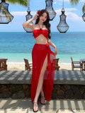 2025 Korean Swimsuit Women Sexy Bikini Red Split Long Skirt Swimsuit Women Halter 3D Flower Push Up Holiday 3 Piece Swimwear