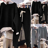 2 Pcs/Set Women Sweatshirt Pants Set Fake Two-piece Crew Neck Loose Elastic Waist Drawstring Casual Women Autumn Tracksuit