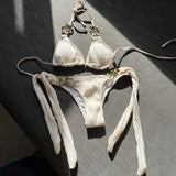 Halter Metal Rings Bikinis Wrinkled Bikini Female Swimsuit Women Swimwear Two-pieces Bikini Set High Cut Bathing Suit Swim Lady