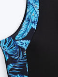 Vintage Blue Leaves Print Spliced One Piece Swimsuit Surfing Suit for Women Zipper Conservative Sports Bathing Suit Swimwear