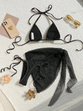 Women mesh micro mini string bikini sets 3pcs with cover skirt shell pendant swimsuit bathing suit beach outfits biquini tankini