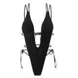 Sexy Backless One Piece Swimsuit Woman 2026 String Texture Swimwear Hollow Out Monokini High Cut Bathing Suit Deep V Neck Bather