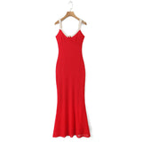 V Neck Spaghetti Strap Red Party Women's Dress Flower Decor Elegant Sleeveless Bodycon Maxi Vestidos 2025 Beach Casual Long Robe