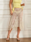 Women Sheer Lace Skirts High Waist Pleated Midi Skirt Summer Sexy Club Beach Cover-ups Skirts