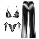 3Pcs Striped Bikini 2026 Bandeau Biquini Women Sexy Swimsuit Push Up Swimwear Female Mesh Pants Bathing Suit Cover Up Beachwear