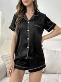 Womens Satin Silk Pajamas Set Short Sleeve Turn-down Collar Button Top & Shorts Sleepwear Loungewear Summer Nightwear