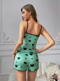 Women Pajama Set Summer Sleepwear Heart Love Pattern Cami Tops and Shorts Set Loungewear Soft Comfy Nightwear