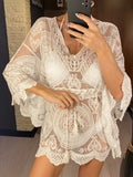 2026 New Sexy Lace See Through Long Sleeve Tunic Beach Cover Up Cover-ups Beach Dress Beach Wear Beachwear Female Women V4528
