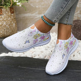 2025 Fashion Crystal Platform Sneakers Women Plus Size Slip On Flowers Printed Flats Woman Breathable Soft Sole Wakling Shoes