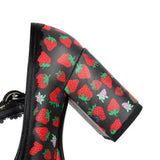 Big Size 43 High Quality Women's y2k Block High Heels Sweet Strawberry Print Mary Jane Pumps Black Pink Platform Lolita Shoes