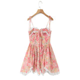 Vietnamese Blogger's Lace Trimmed Patchwork Hem Irregular Strap Dress For Women Waist-cinching Back-tie Short Dress Elegant 0M5S
