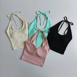 Women's Halter Neck Sports Bra Vest Slimming Tube Top for Yoga Gym Running Beautiful Back Sling Design One Cup Gathered Summer F