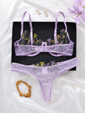 Women's Purple Floral Embroidery Lingerie Set Half Cup Push Up Bra And Thong Sheer Mesh Lace Comfortable Sexy Underwear ZA824026