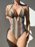 S - XL Printed Deep V Neck Halter One Piece Swimsuit Women Swimwear Female High Leg Cut Monokini Backless Bathing Suit Swim Lady