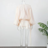 Fashion Solid Mesh Long Sleeved Backless Pleated Prom Dresses Chic Ruffle Bow Lace Up Women Mini Dresses Lady Spring Party Robe