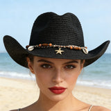 Women Men Straw Cowgirl Hat Starfish Shell Decor Western Panama Jazz Hat Summer Sun Hat for Travel Beach