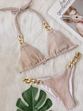 Halter Chains Rhinestone Diamond Bikini Women Swimsuit Female Ribbed Swimwear Two Pieces Bikini set Brazilian Bathing Suit Swim