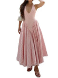 Elegant V-Neck Pleated Long Dresses Women High Waist Summer 2025 French Style Fashion V-neck Backless Lace-up Vacation Vestidos