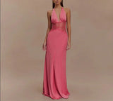 Summer Backless Sexy Long Dresses Women's Gown Patchwork Lace Halter V Neck Sleeveless High Waist Elegant Vestidos Para Mujer