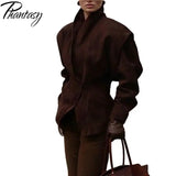 Phantasy Fashion Vintage Belt-Down Jacket Autumn Winter V-Neck Commuter Brown Suit Casual Style High-End Women's Clothing 2025