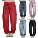 Women's Straight Leg Denim Pants High Waisted Baggy Wide Leg Bling Jeans Casual Sparkly Harem Jeans for Streetwear