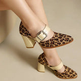 Spring  Autumn New Model Fashion High Heels Nude Shoes Color Blocking Pointed Tip Buckle Leopard Print Sexy Party Women's Shoes