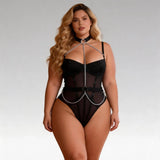 Black Mesh Chain Suspender Bodysuit for Women Sheer Teddy Lingerie Underwire Open Crotch Adjustable Straps with Garter Belt Neck