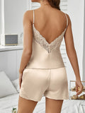 Summer Sexy Pajama Sets Backless Deep V Sleepwear Lace Satin Pajamas Set for Women Comfortable Short Sleeve Cami Shorts