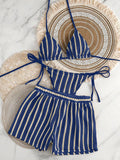 3PCS With Shorts Stripe Halter Fishnet Bikini Women Swimwear Female Swimsuit Three-pieces Bikini Set Bathing Suit Swim Beachwear