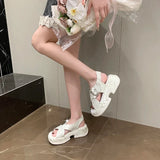 Fashion Crystal Buckle Platform Sandals Women Pink Embroidery Thick Heels Sandalias Mujer Comfortable Heightened Rome Sandals
