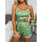 Women's Two-Piece V-Neck Suspender Lace Lace Printed Top and Shorts Women's Casual Printed Pajama Set