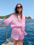 Foridol Casual 2 Pcs Shorts Women Set Linen Cotton Pink Oversize Buttons Shirt+shorts Outfits Summer Autumn White Fashion Set