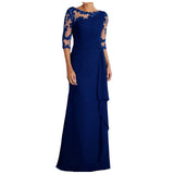 Women Elegant Lace Long Dress Sexy See Through Round Neck Mid Sleeve Dress Solid Color Evening Party Prom Dress Cocktail Gown