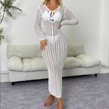 See-through Maxi Dress with V-Neck And Long Sleeves Lace-Up Hollow-out Design for Women Fashionable Beach Holiday Sexy Long Gown
