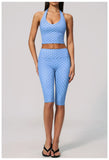 New Summer Women White Polka Dot Print Yoga Sets Hanging Neck Slim Sport Vest High Waist Mid Pants Gym Two-piece Workout Clothes