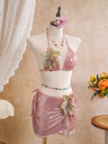 Women embroidery flower glitter metallic bikinis sets 3pcs with split mini skirt swimsuit bathing suit beach outfits biquini