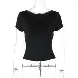 FDYOUI Fashion Casual Backless Lace-up T-shirts Women's Summer O-neck Short Sleeve Cropped Tops Streetwear Y2K Solid Tee Shirt