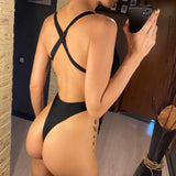 S - XL Deep V Neck Mini Thong Cross Back Women Swimwear One Piece Swimsuit Female High Leg Cut Bather Bathing Suit Swim V5462