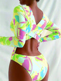 2026 Long Sleeves Swimsuit One Piece Backless Printed Swimwear Women Bathers Bathing Swimming Swim Suit Padded Beachwear Summer