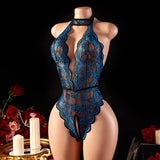 Blue Open Cross Women Body Suit Crotchless Sexy Temptation Adult Erotic Lingerie Pajamas Lace Sex Bodysuit V-neck Hot Underwear