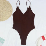 2026 Sexy One Piece Swimsuit Swimwear Women Pit Striped V-neck Backless Retro Solid Beachwear Bathing Suit Maillot De Bain Femme