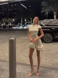 Trendix Women's Elegant Satin Evening Dress Fashion Stand Neck High Waist Slim Mini Dresses Party Sexy Short Sleeve Ruffle Dress