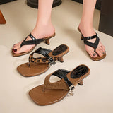 Leopard Print Clip Toe High Heels Sandals Women Summer Fashion Belt Buckle Square Toe Slippers Woman Block Heeled Sandalias