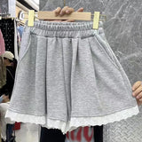 Women's New Losse Pants Grey New Summer Sexy Lace Shorts Fashion Pockets Versatile Casual Streetwear Female Elastic Waist Shorts