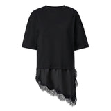 Women 3/4 Length Sleeve Crew Neck Casual Loose Fit Long Tops Summer Lace Patchwork Hem Solid Color T Shirts