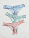 3Pcs Women's Cute And Fresh Multi-color Striped Underwear Thong Without Trace Antibacterial Daily Casual Underwear Thong C364